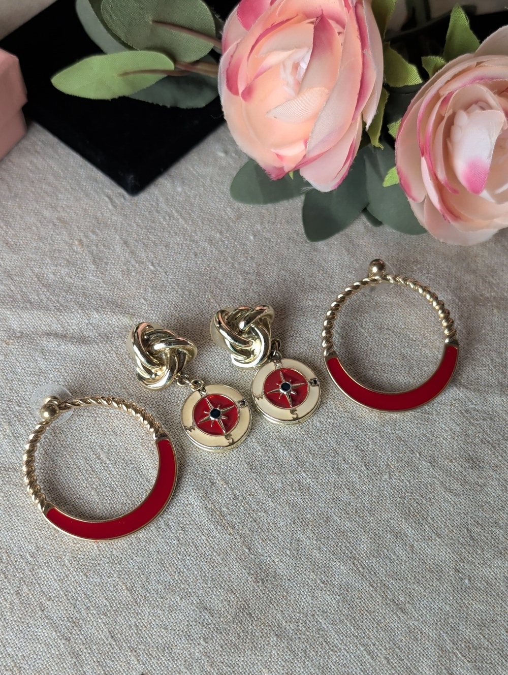 Vintage Gold Tone Nautical Compass Earrings Enamel Love Knot Dangle & Hoop Set
